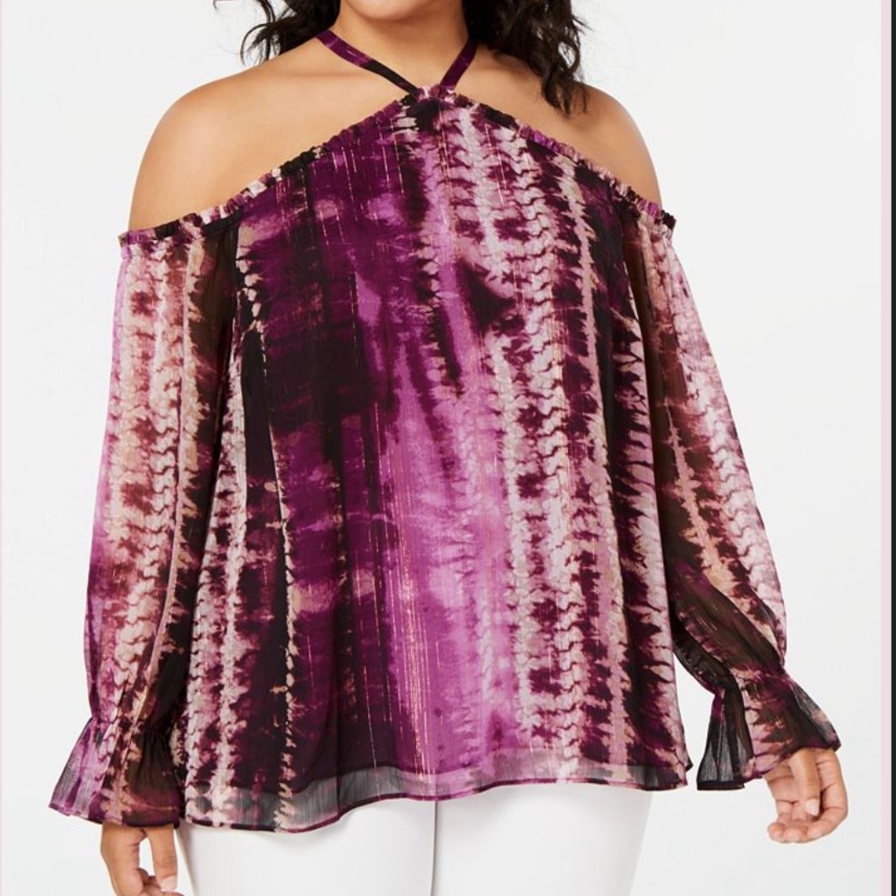 INC Womens Top 2x Purple Black Cold Shoulder Ruffle Halter Neck Plus Size